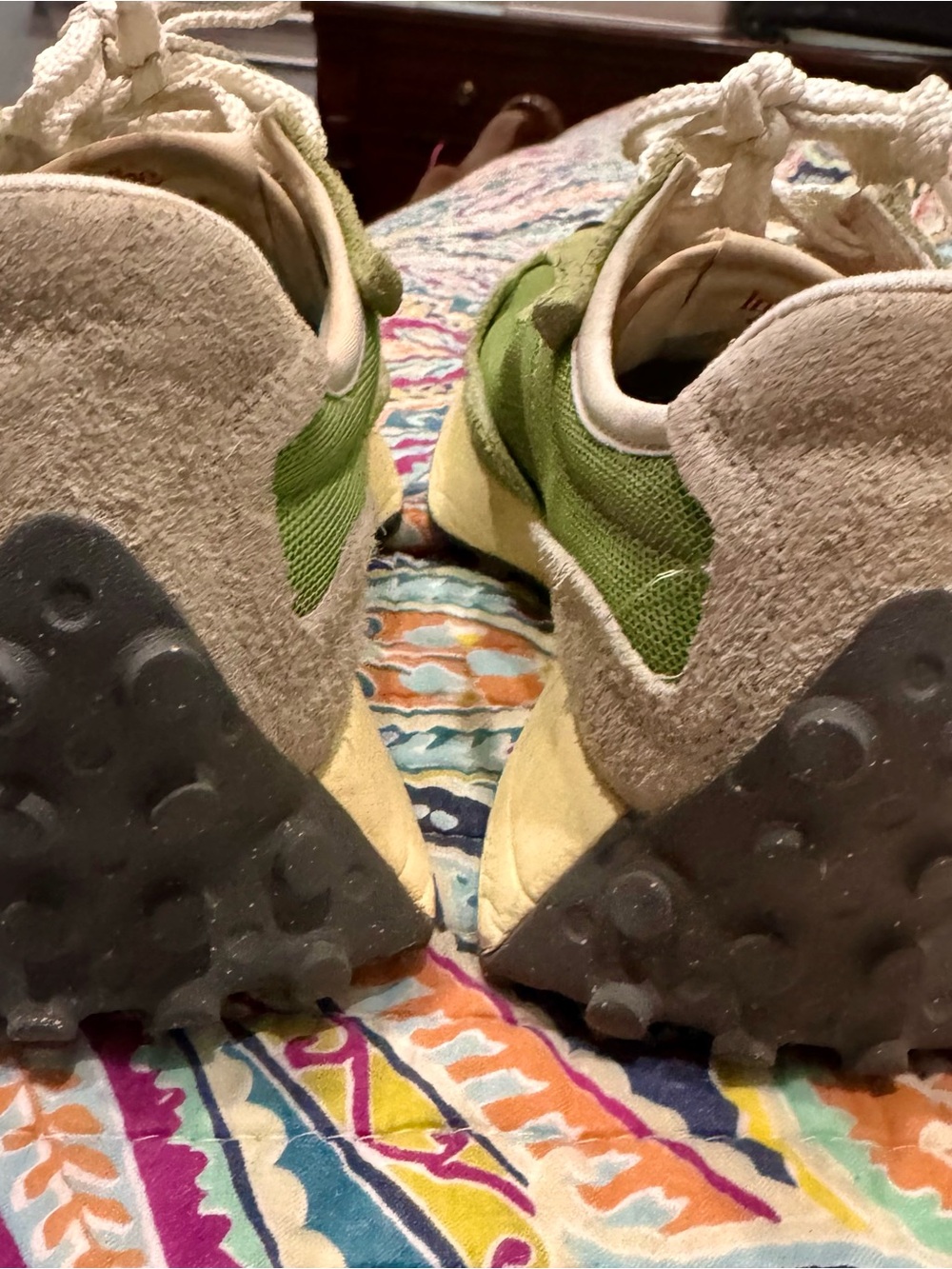 New Balance 327 Lime Green Suede Mesh Sneaker with Cream Accents and White Laces - Picture 7 of 8
